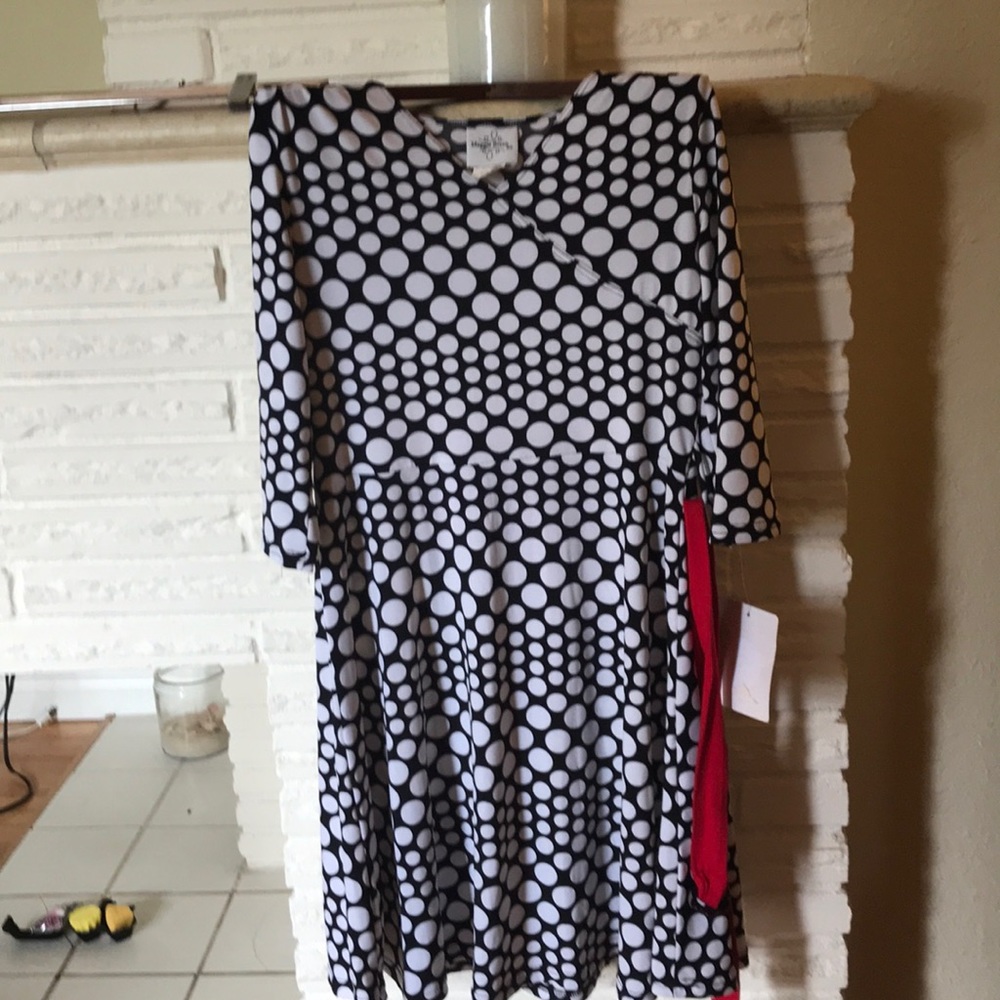 Black and white polkadots Red belt dress
